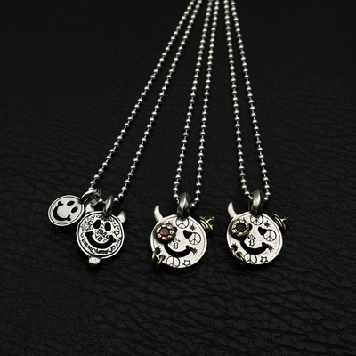 思涵银工坊BWL925纯银涂鸦笑脸红绿宝石笑脸吊坠圆珠嘻哈情侣项链