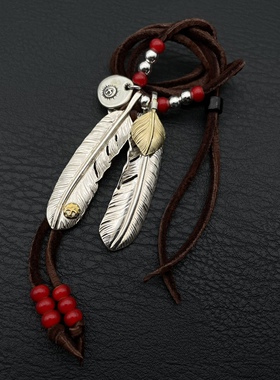 思涵银工坊高桥风格经典搭配925银点铜上铜羽毛鹿皮绳男女款项链