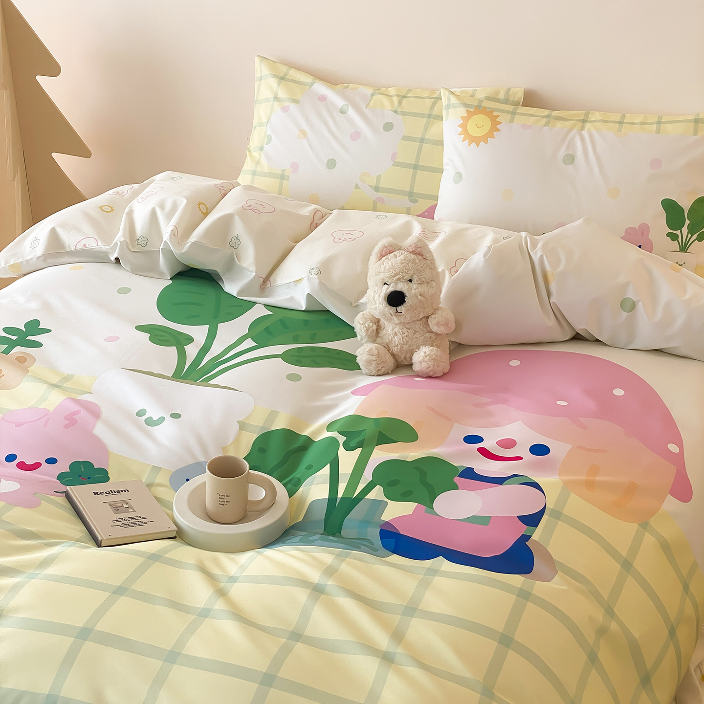 RiCO黄格子四件套100%棉可爱