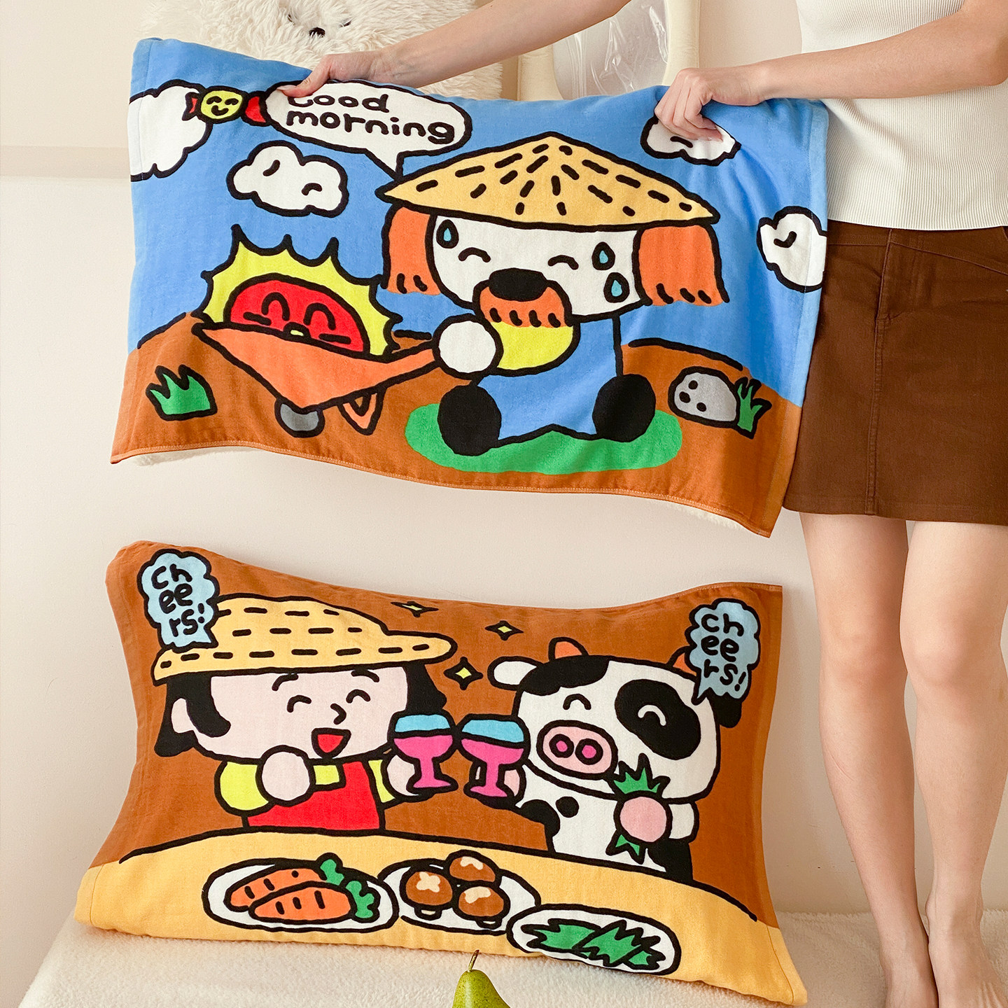 富山商店 可爱小牛干杯伯伯100%棉A类纱布单人枕巾也可做毛巾