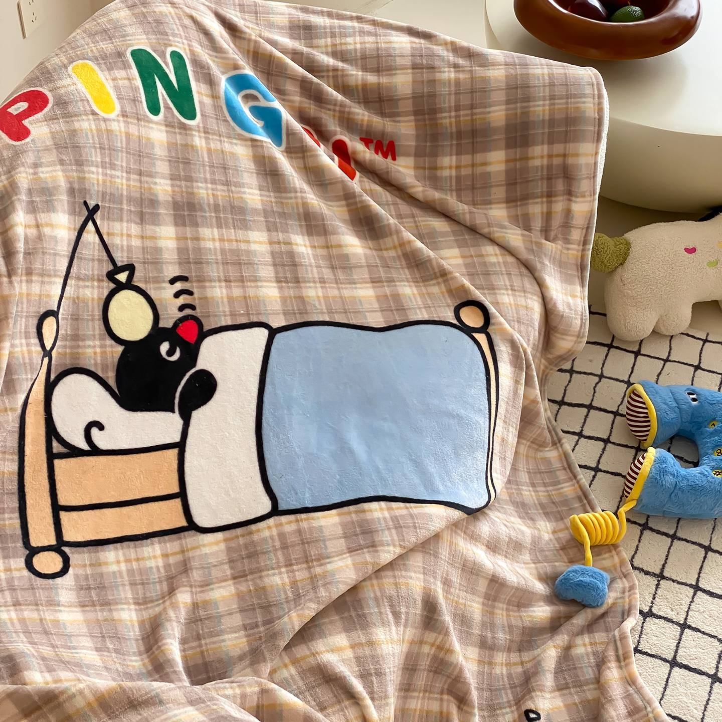 pingu咖啡格法兰绒休闲毛毯