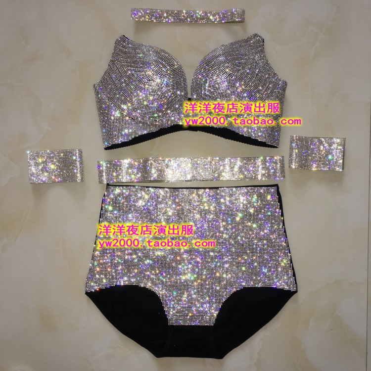 钢管舞走秀烫钻文胸高腰裤演出服