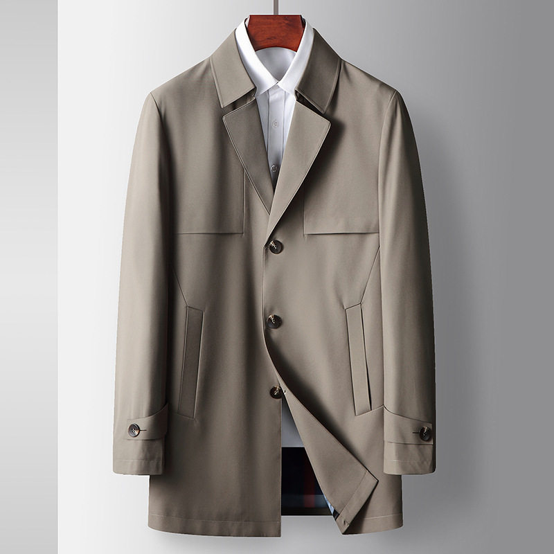 普洛克正品 春秋卡其色风衣男翻领中长款时尚商务单排扣外套