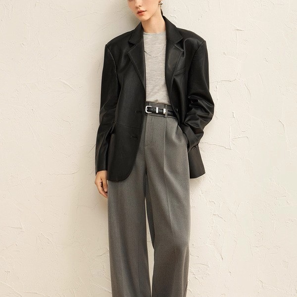 普洛克正品A级绵羊皮复古廓形平驳领显瘦真皮皮衣西装外套女西服