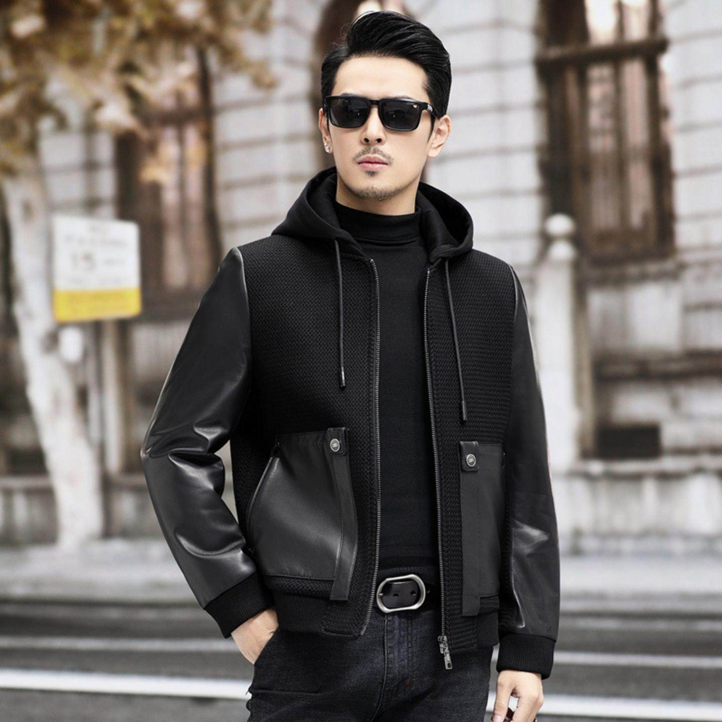 普洛克正品 男绵羊皮夹克白鹅绒羽绒服连帽休闲秋冬加绒加厚外套