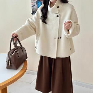 普洛克正品 立领短款羊绒天丝双面呢毛呢外套女韩版休闲羊毛大衣
