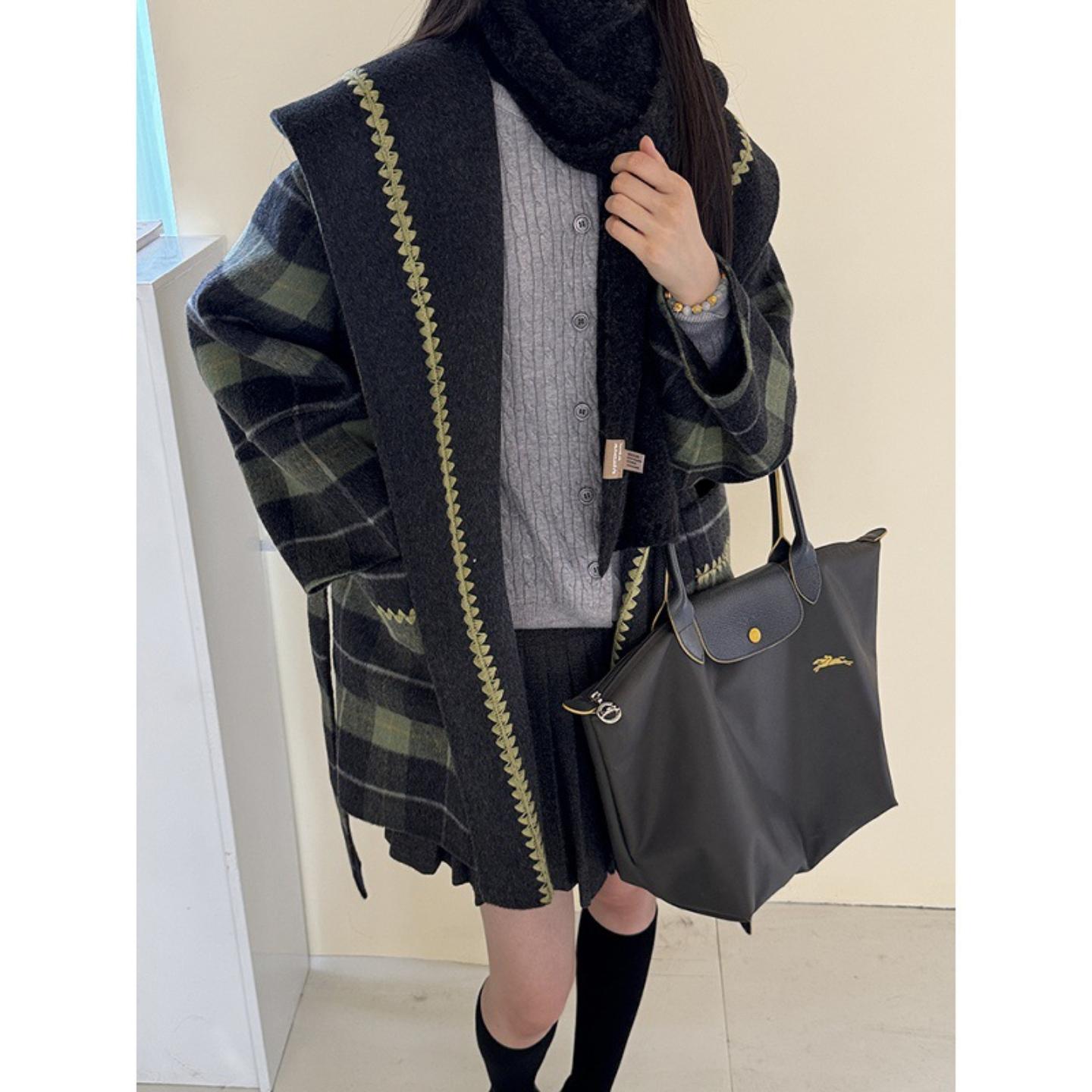 普洛克正品 5新款限定格纹双面羊绒大衣女短款大领子新款毛呢外套