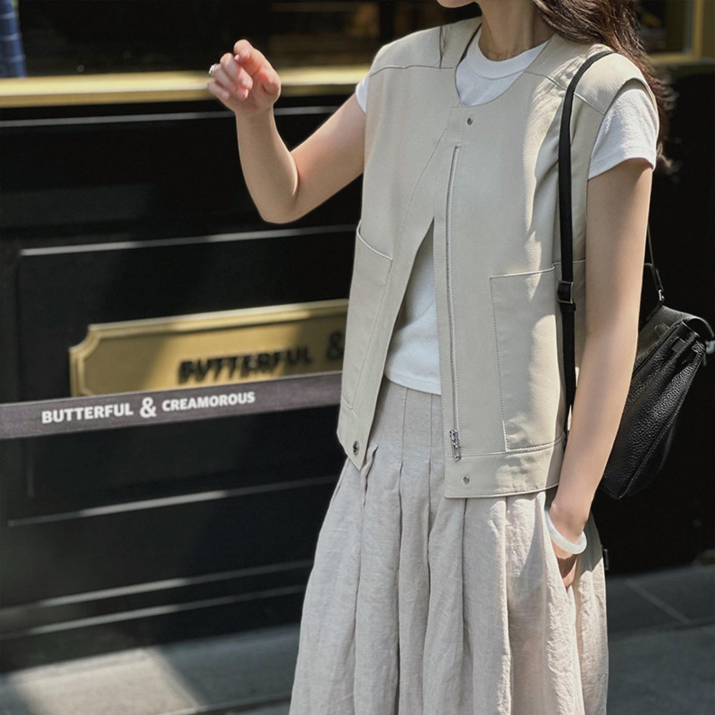 普洛克正品 '高端白色小羊皮马甲女真皮皮衣秋季新款网红同款名媛