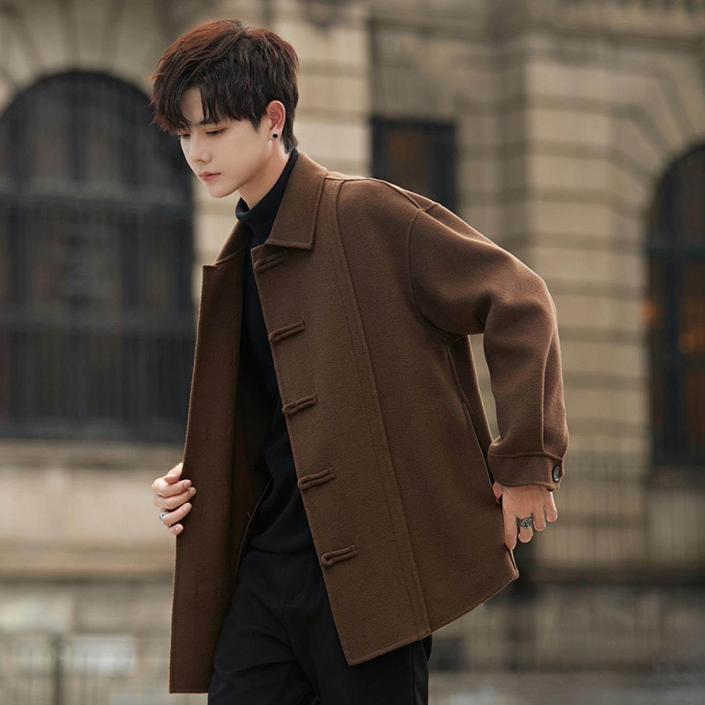 普洛克正品 新中式呢子外套男春秋冬新款零双面羊绒男装国风大衣