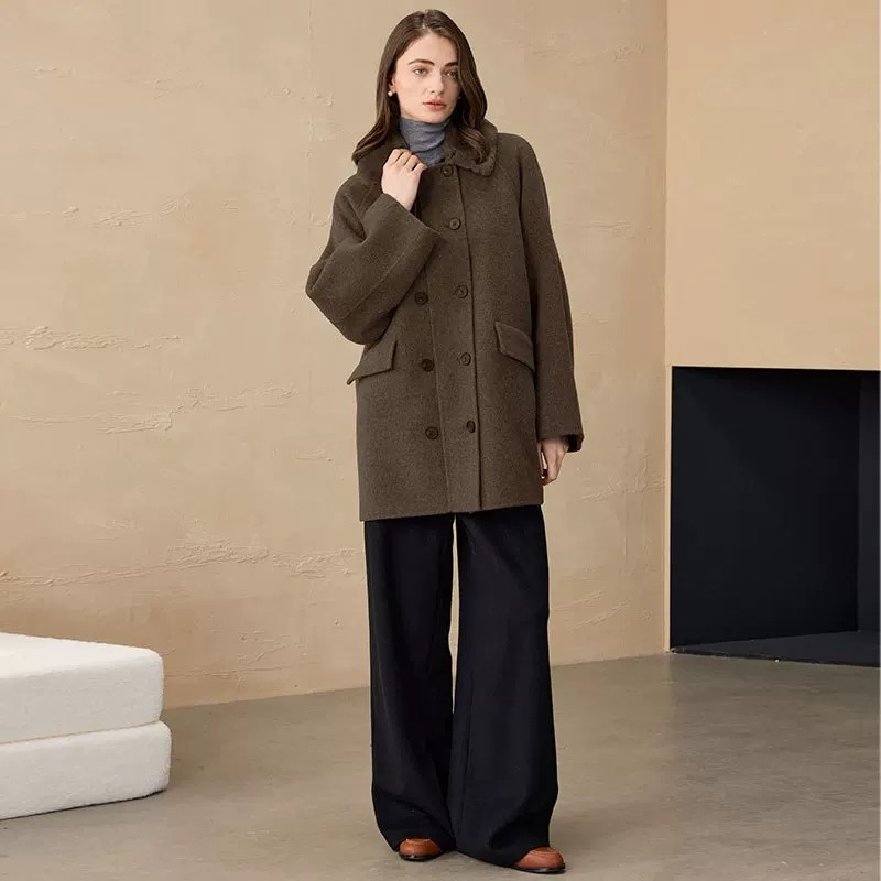 普洛克正品 小个子荷叶翻领大衣休闲中长款冬外套羊驼毛呢女毛领