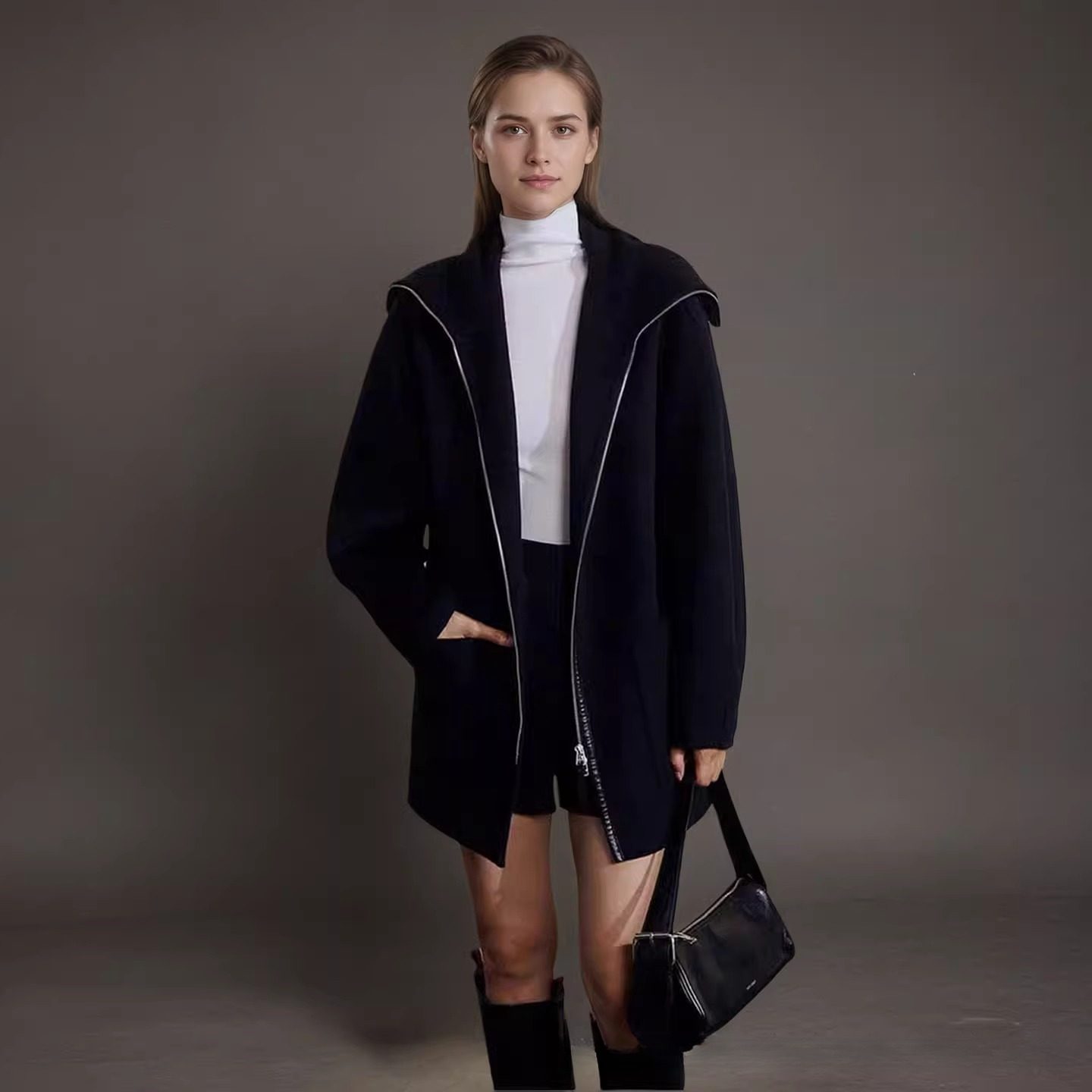 普洛克正品 双面羊绒大衣女中长款腰带立领简约高级感羊毛呢外套