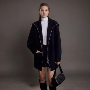 普洛克正品 双面羊绒大衣女中长款腰带立领简约高级感羊毛呢外套