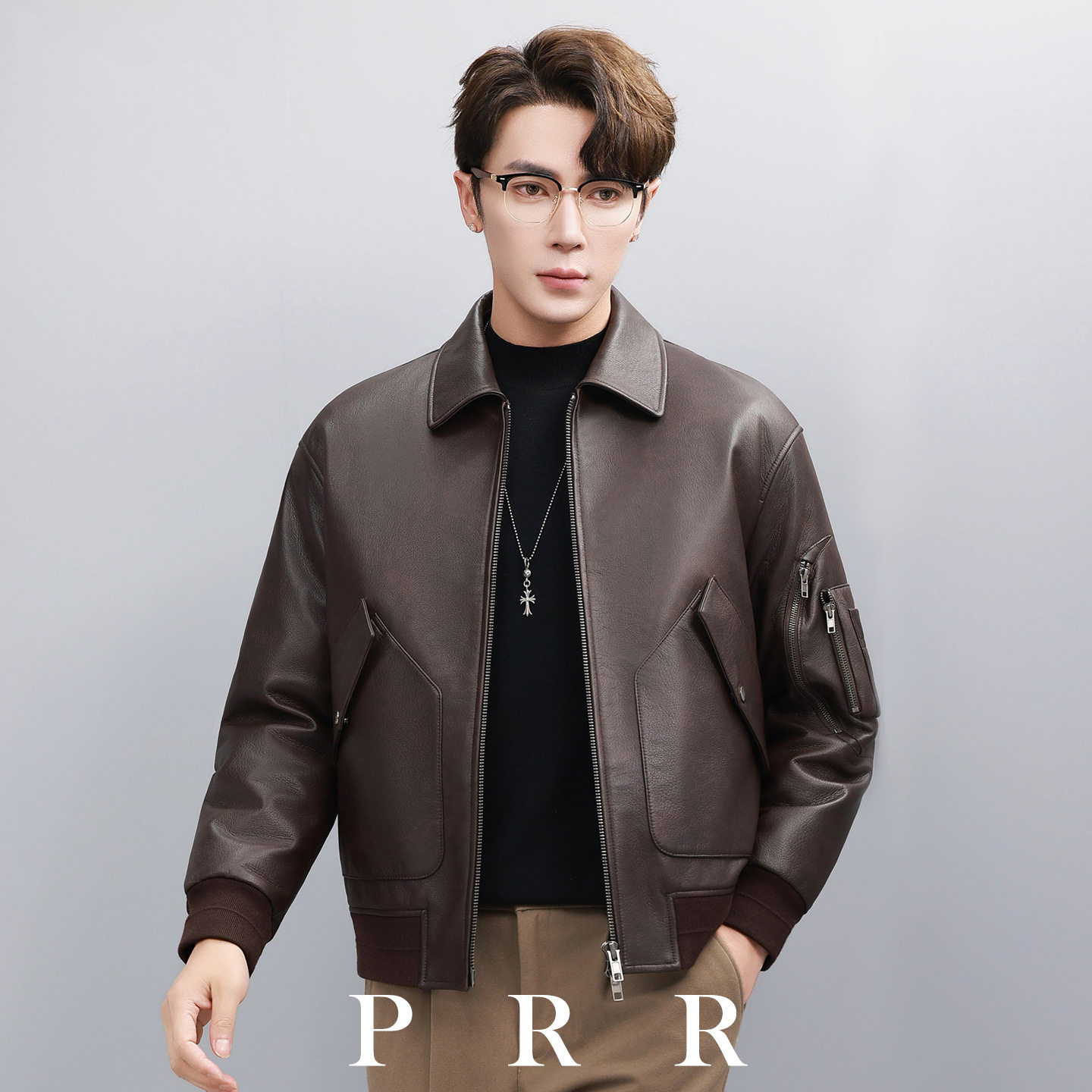 普洛克正品 真皮皮衣男羽绒服鹅绒山羊皮美式复古机车皮夹克外套