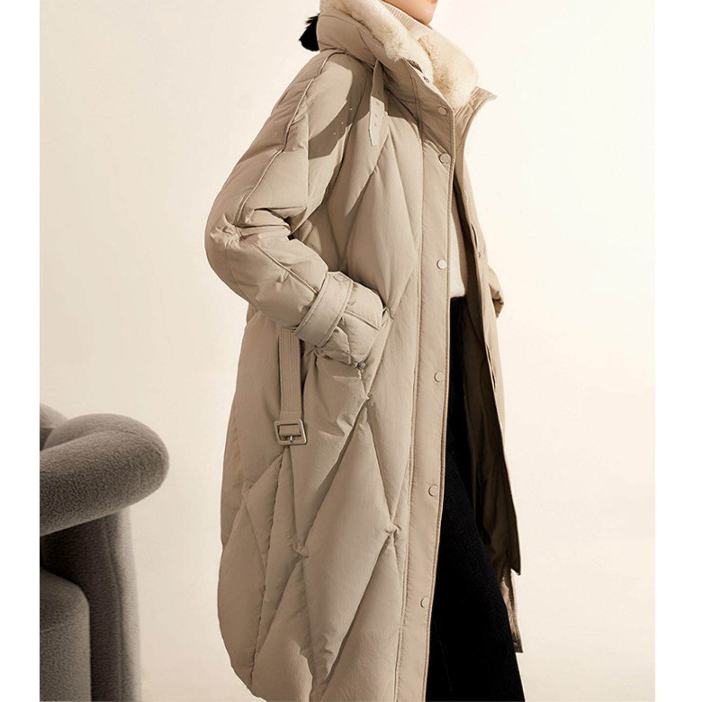 普洛克正品 95白鹅绒系带中长款女装高端气质羽绒服大毛领外套女