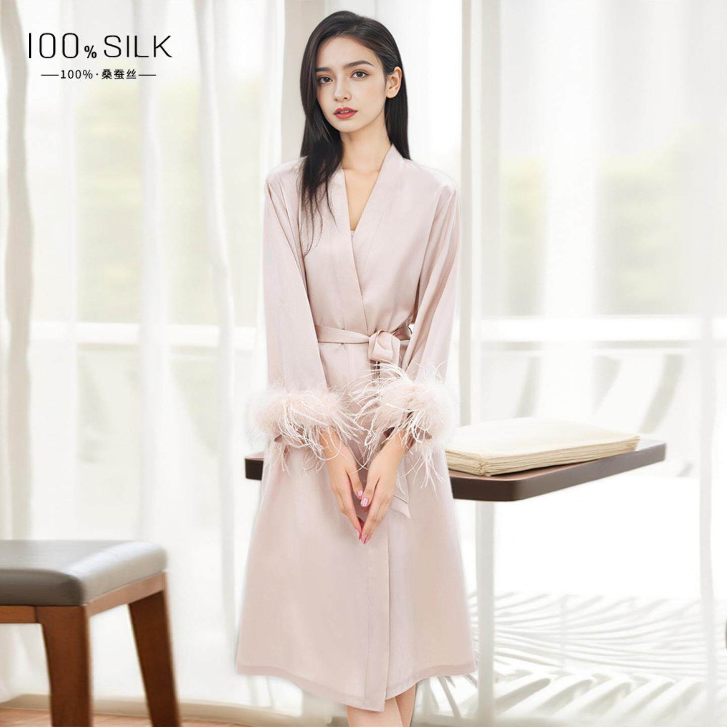 普洛克正品 重磅真丝睡袍女100桑蚕丝可拆卸羽毛袖口家居服晨袍