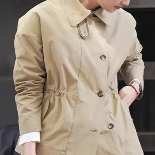 普洛克正品 女款秋季春秋冬季新款小个子休闲卡其绿风衣外套女装