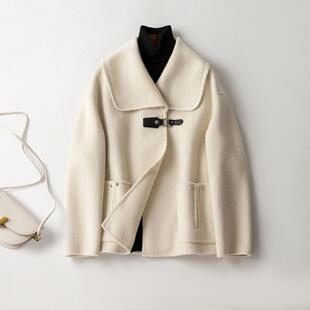 普洛克正品 大衣拼接连帽女短款气质格子双面山羊绒毛呢外套风衣