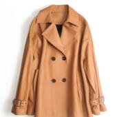 绵羊皮真皮皮衣女中长款 普洛克正品 女装 宽松显瘦双排扣皮衣外套