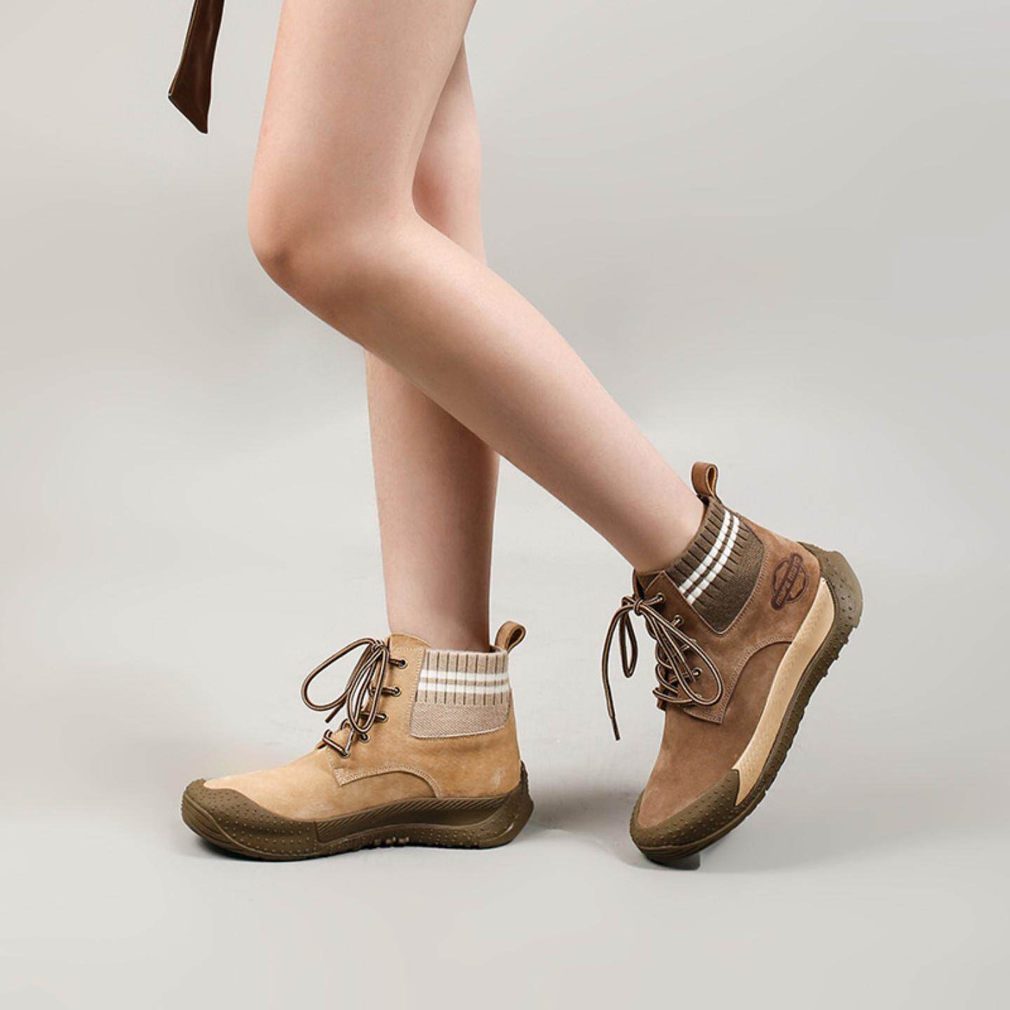 普洛克正品 真皮马丁靴女头层牛皮平底大黄靴户外高帮真皮工装鞋