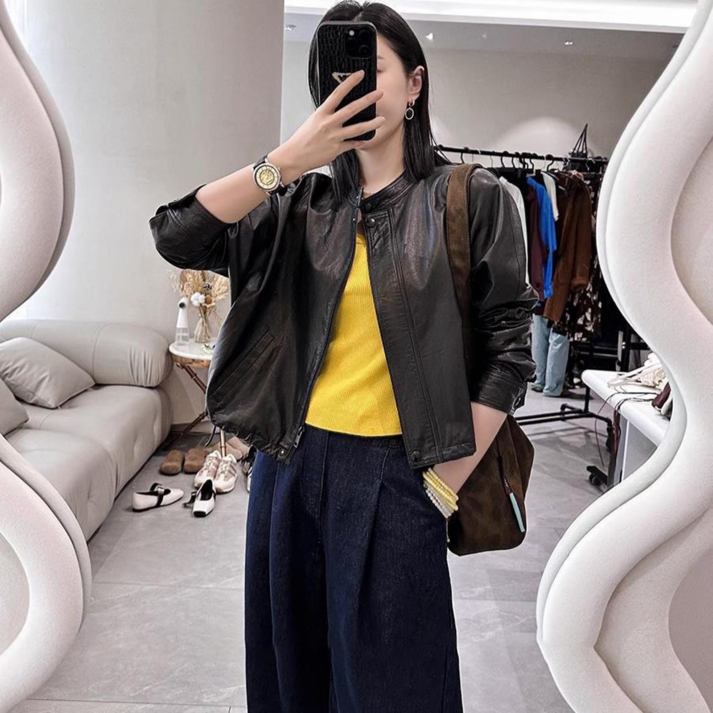 普洛克正品 夹克】 绵羊皮 植鞣真皮夹克女短款立领廓形皮衣外套