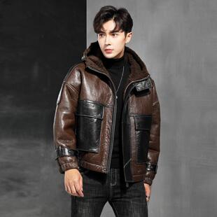 普洛克正品 进口原生态皮毛一体真皮衣连帽夹克宽松皮草外套 男装