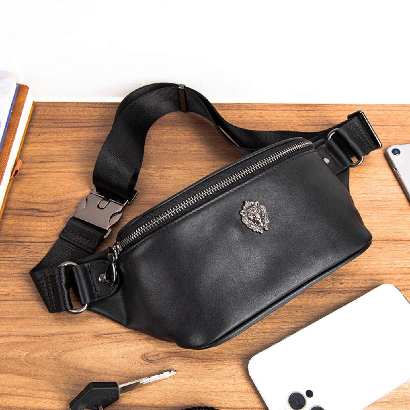 普洛克正品男包 真皮腰胸包休闲软单肩包头层牛皮日韩斜挎亲子包