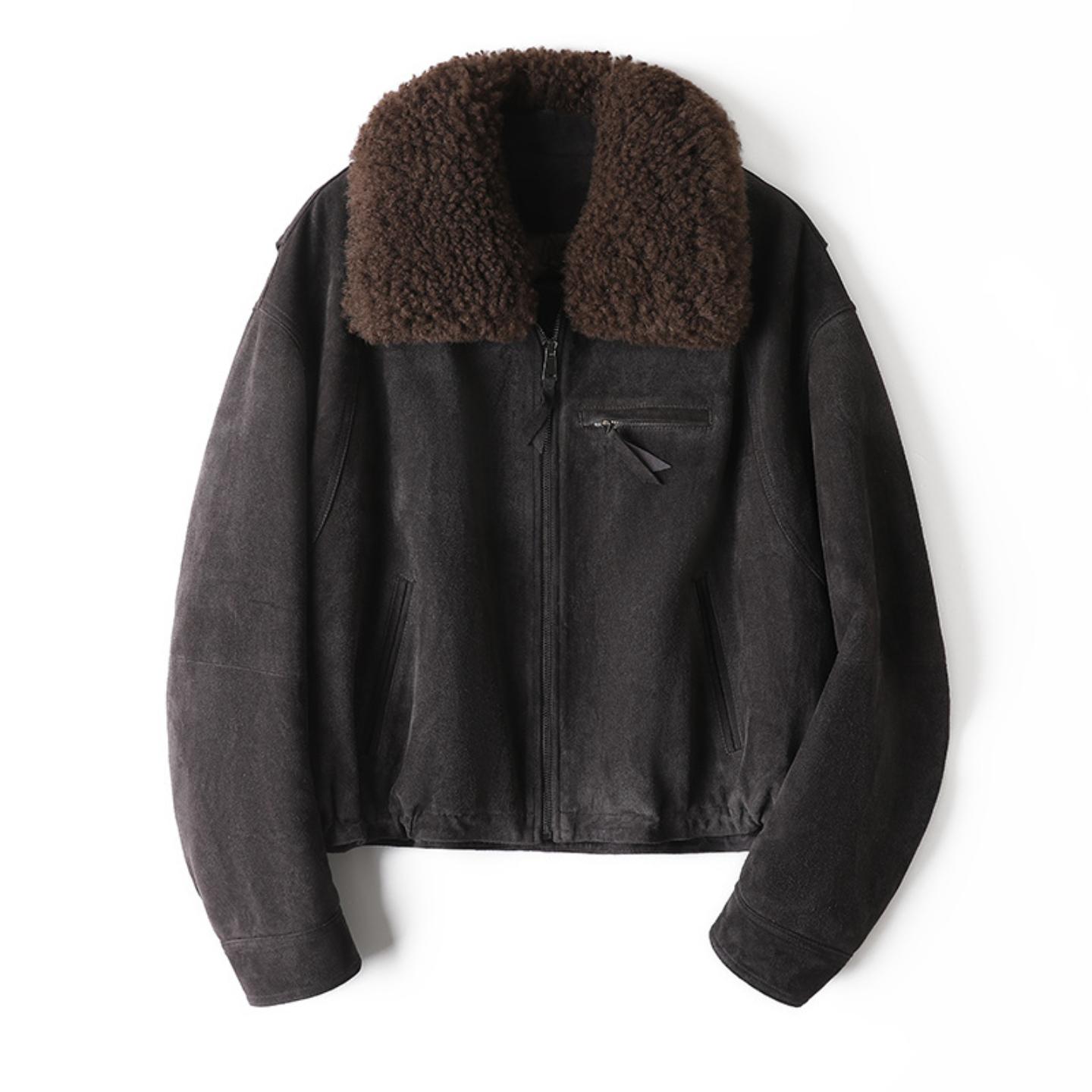 普洛克正品 真皮衣绵羊皮反绒可拆卸羊羔毛领鹅绒羽绒服夹克外套