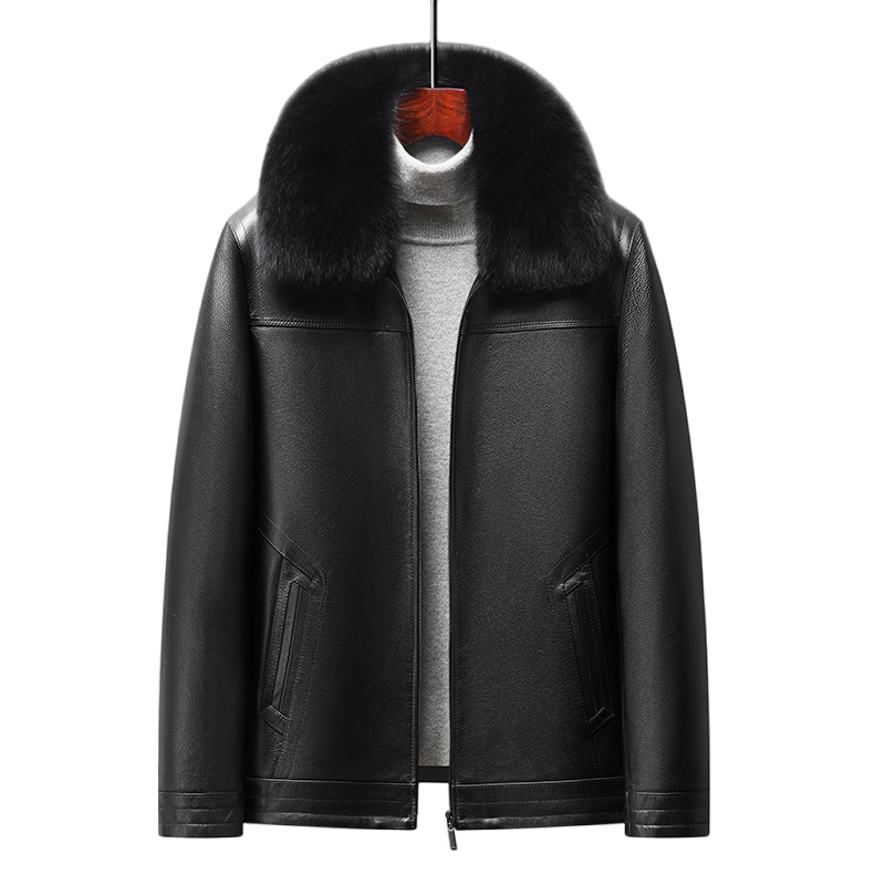 普洛克正品 真皮皮衣男头层牛皮加绒加厚兔毛胆外套商务男式