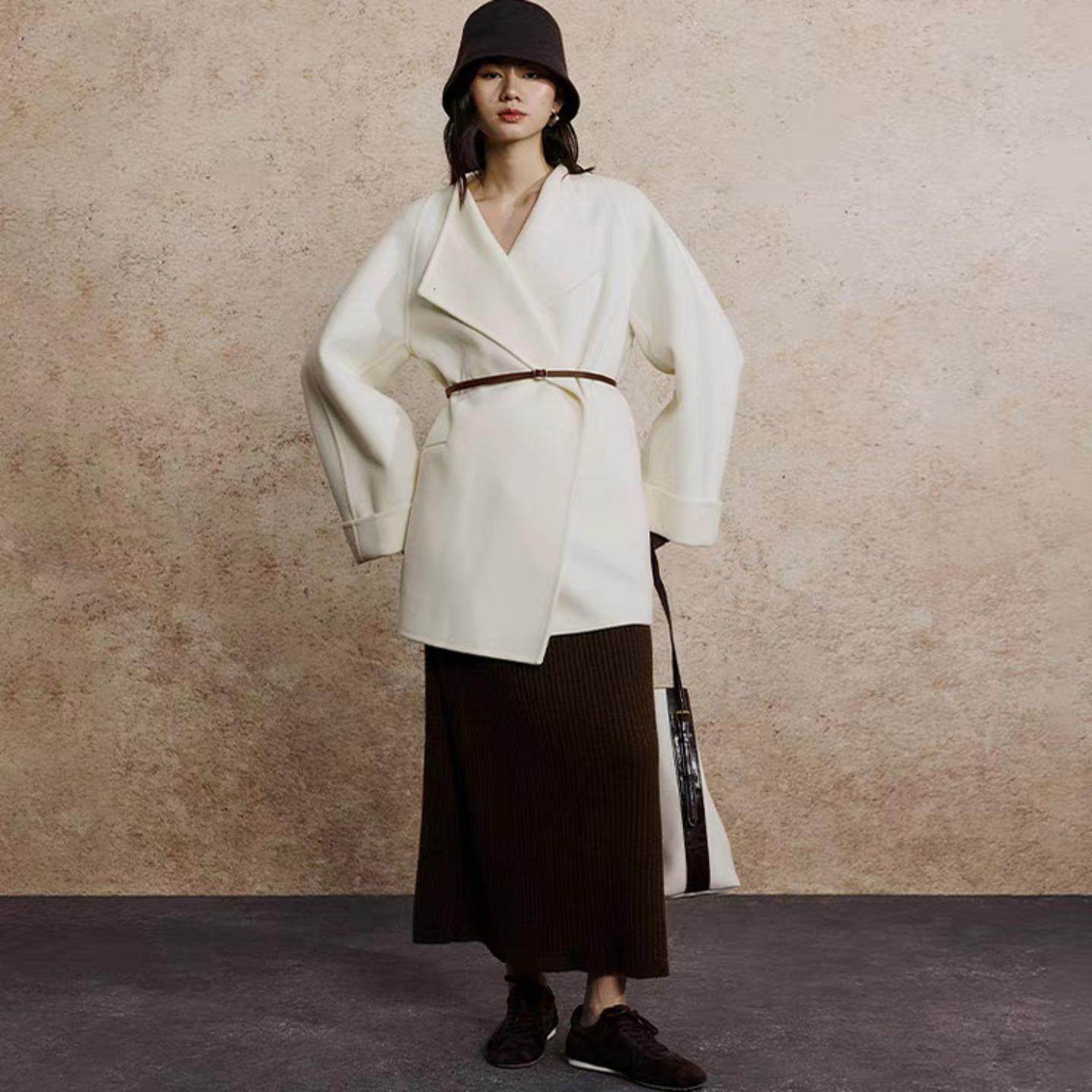 普洛克正品 秋冬新款大翻领含腰带全羊毛呢外套高级感气质大衣女