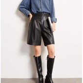 裤 普洛克正品 休闲靴裤 五分西装 A级绵羊皮真皮中裤 女高腰A字阔腿裤