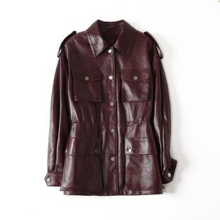 普洛克正品 真皮油蜡羊皮工装立体口袋单排扣阔版短款风衣外套女