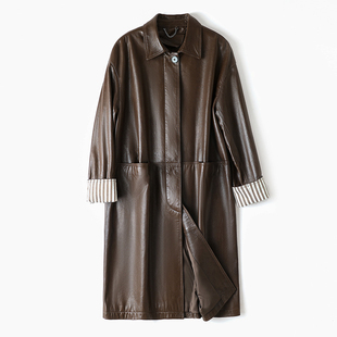 普洛克正品A级绵羊皮真皮衣油蜡植鞣诺丁山翻领阔版长款风衣外套