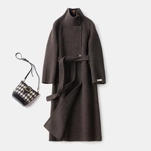 普洛克正品 黑色双面山羊绒大衣女复古人字纹中长款羊毛呢冬外套