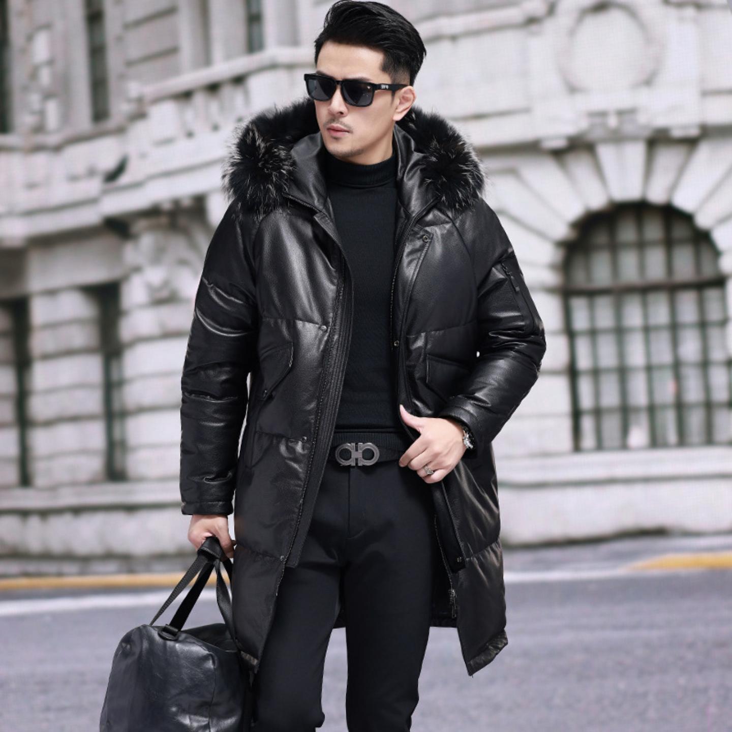 普洛克正品 羽绒服男士头层牛皮狐狸毛领带帽中长款皮大衣外套潮