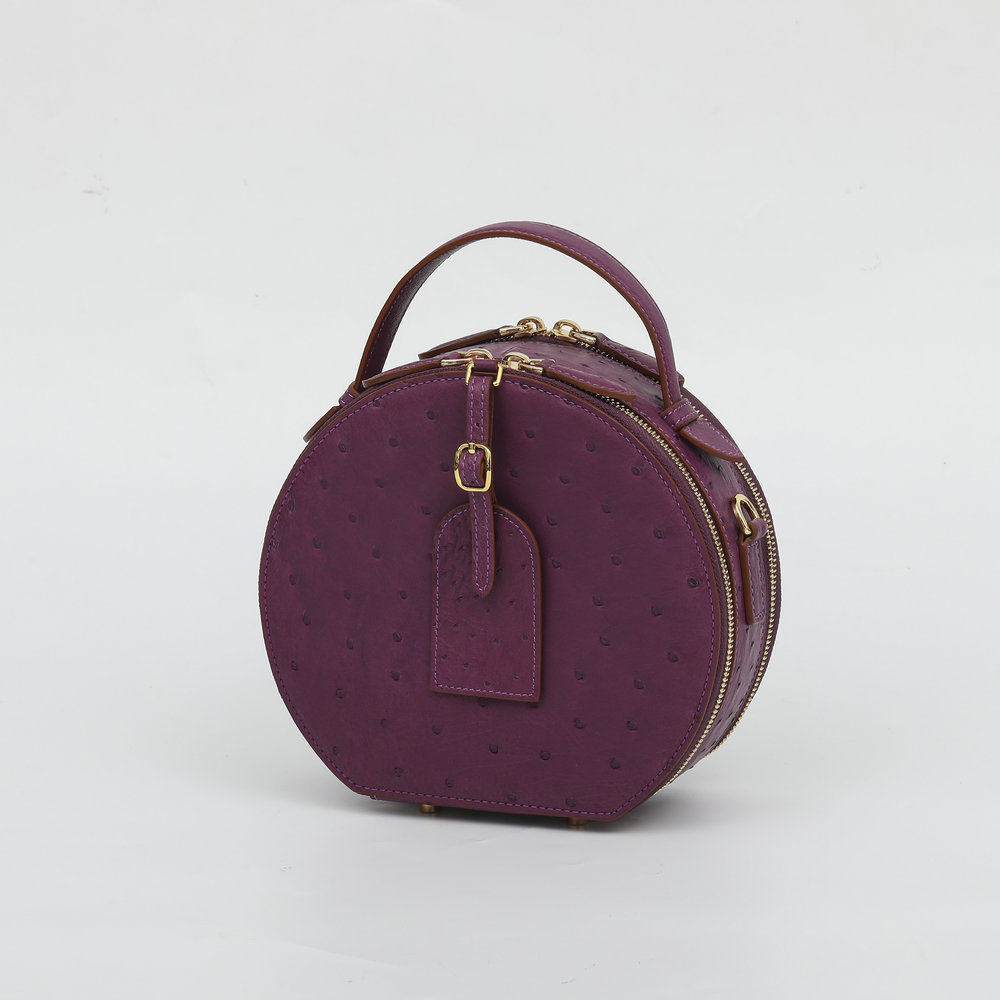 普洛克正品女包 鸵鸟皮圆饼包包高级感轻奢真皮小圆包单肩斜挎包