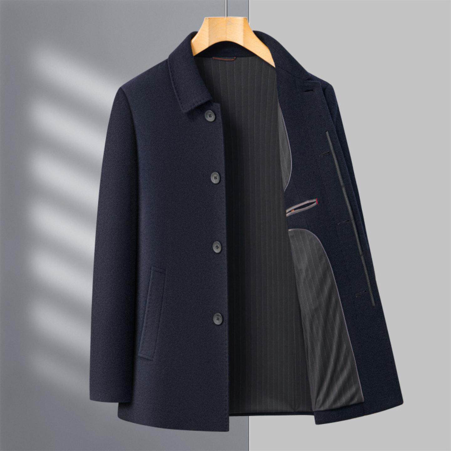 普洛克正品 商务休闲秋冬翻领毛夹克外套男中年爸爸装毛呢冬大衣