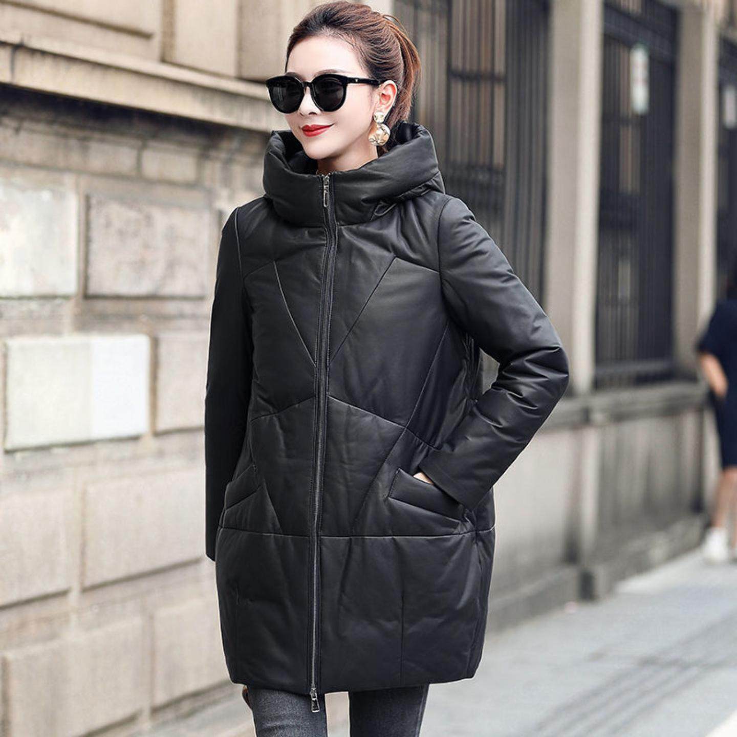 普洛克正品 秋冬新款冬季真皮羽绒服女A级绵羊皮小个子中长款外套