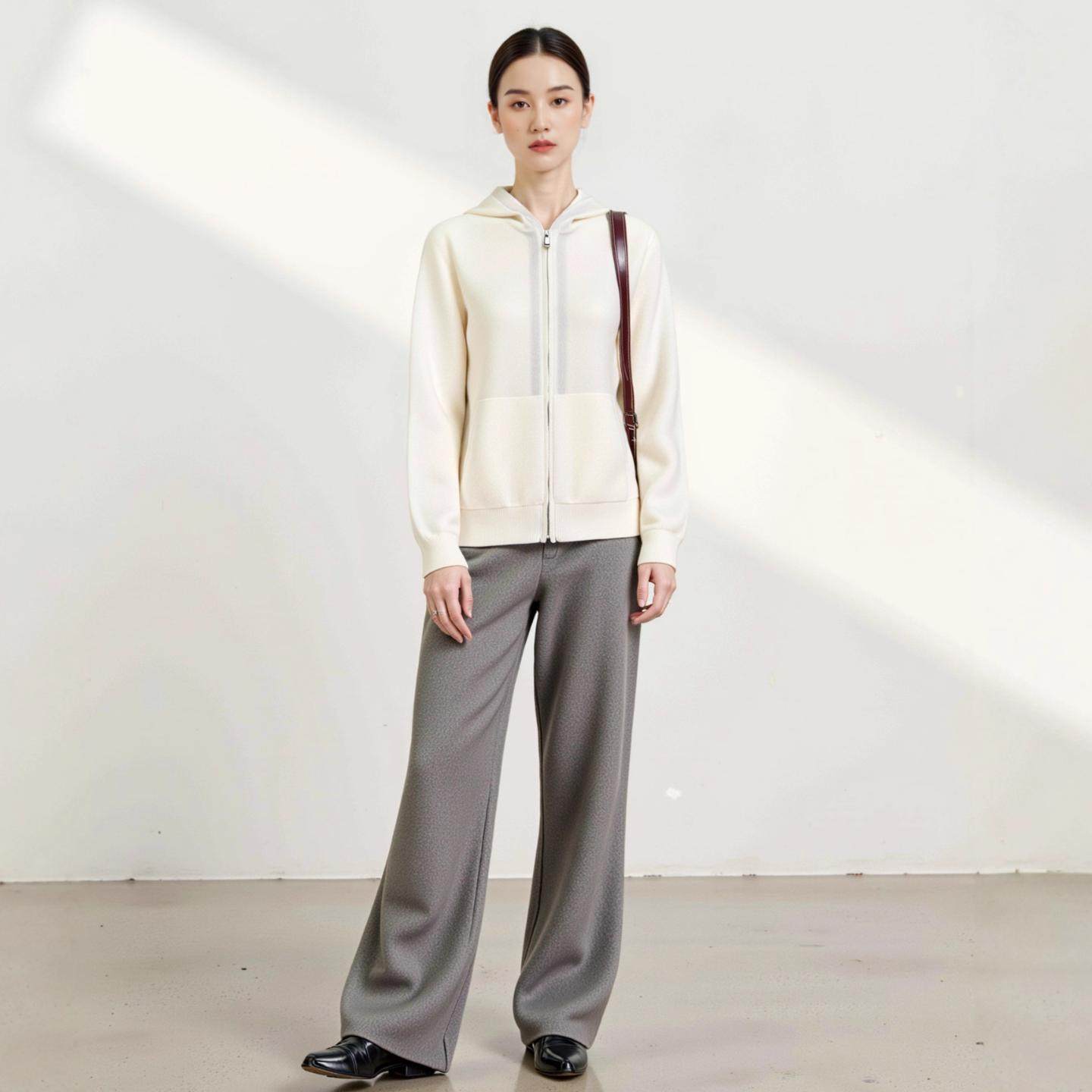 普洛克正品 羊毛女士帽衫灰色双提中厚针织开衫秋冬新款百搭外套