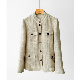 普洛克正品进口亚麻棉料夹克女亮丝立领口袋针织收腰西装西服外套