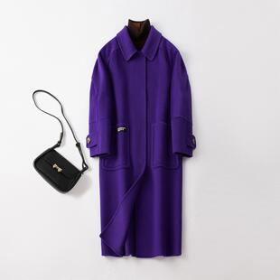 普洛克正品西装领双面山羊绒大衣女加长款冬时尚宽松羊毛呢外套