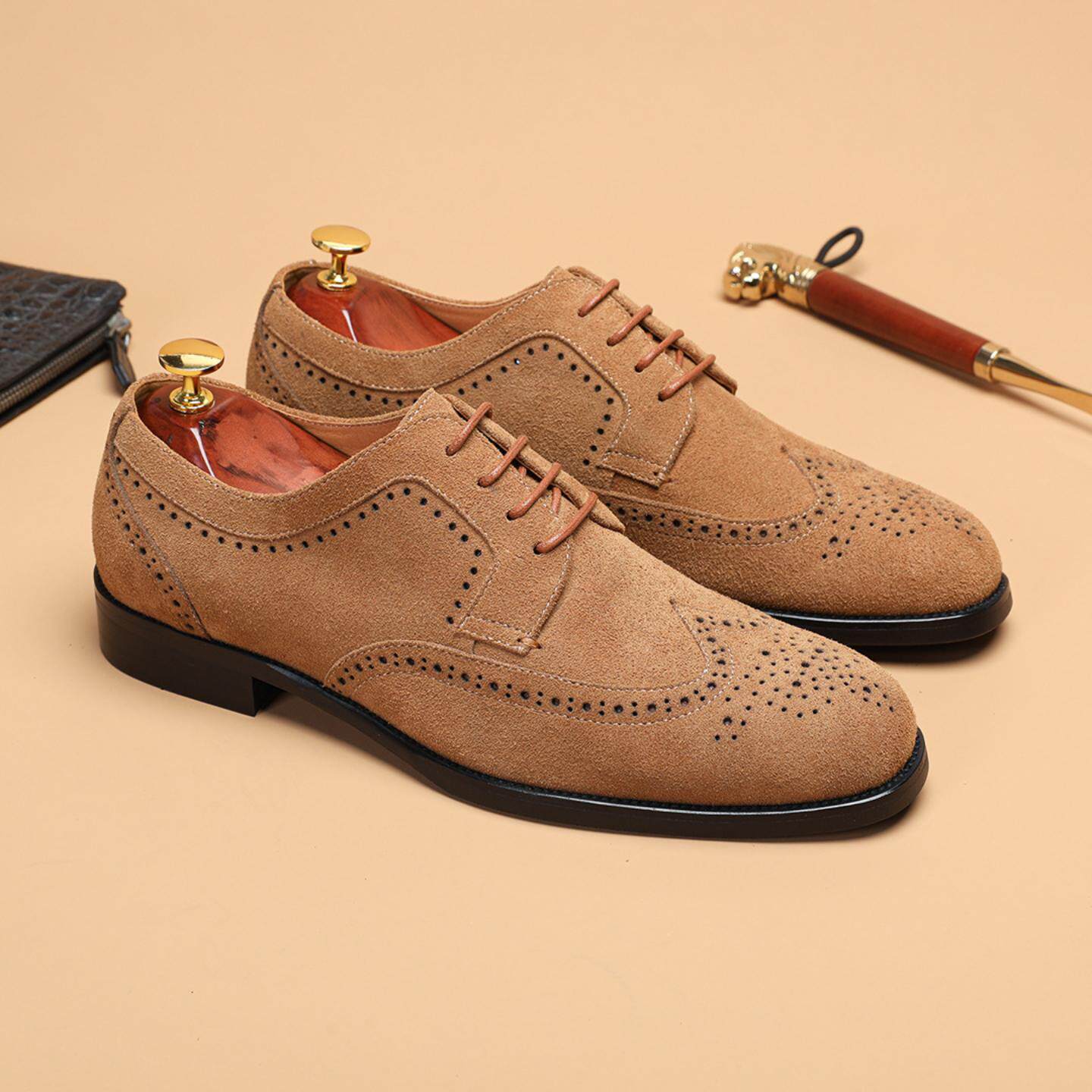 普洛克正品男鞋 英伦风布雕花鞋复古圆头真皮磨砂皮鞋绒面德比鞋