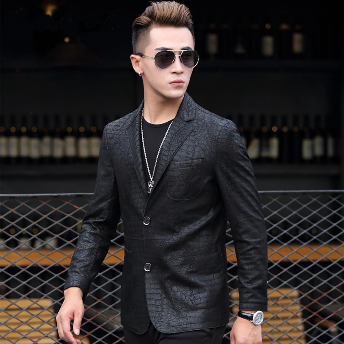 普洛克正品 真皮皮衣男绵羊皮西装外套韩版夹克鳄鱼纹皮衣夹克