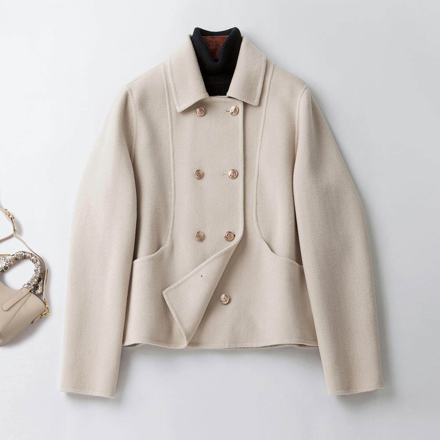 普洛克正品 双面呢大衣女秋冬新款中长短款气质高端羊毛呢子外套