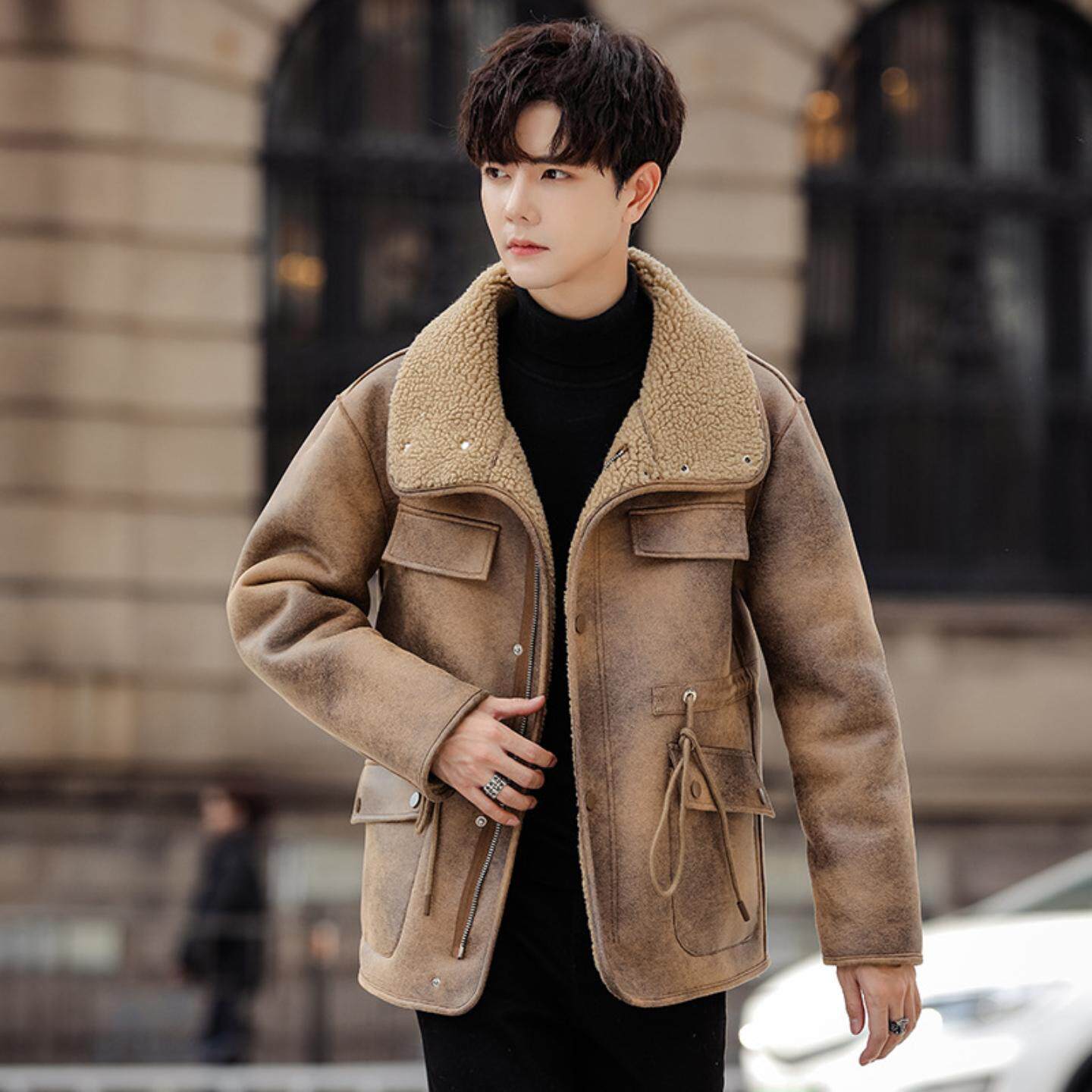 普洛克正品 冬男士新款两面穿大码皮毛一体加绒加厚鹿皮绒外套潮