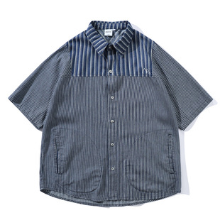 普洛克正品 棉衬衣薄复古竖条纹夏季男女衬衫潮流短袖宽松百搭