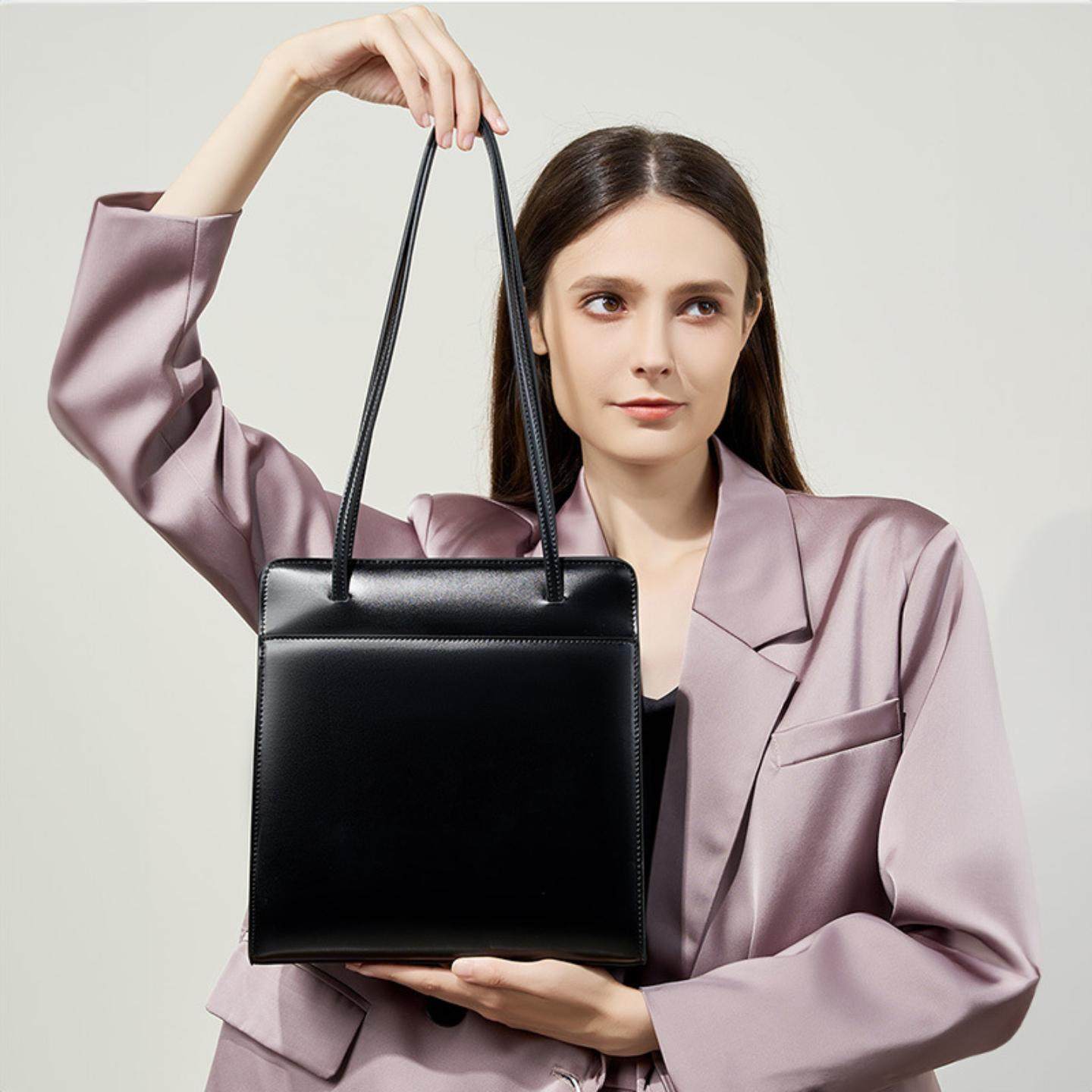 普洛克正品 头层牛皮真皮托特包高级感水桶包复古气质红色包包女