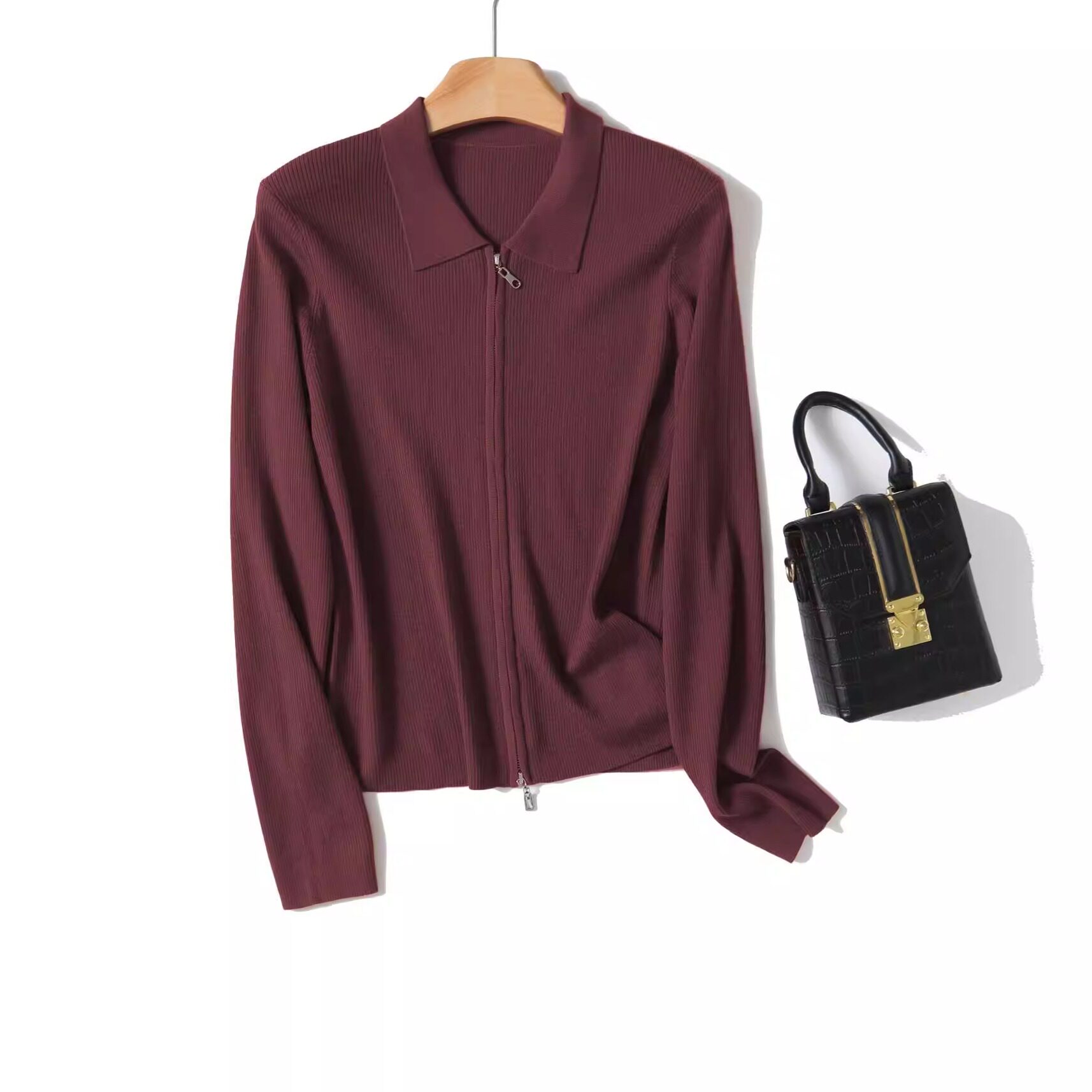 普洛克正品 女装外套腻毛衫女POLO领可机洗48支双拉链外套春开衫