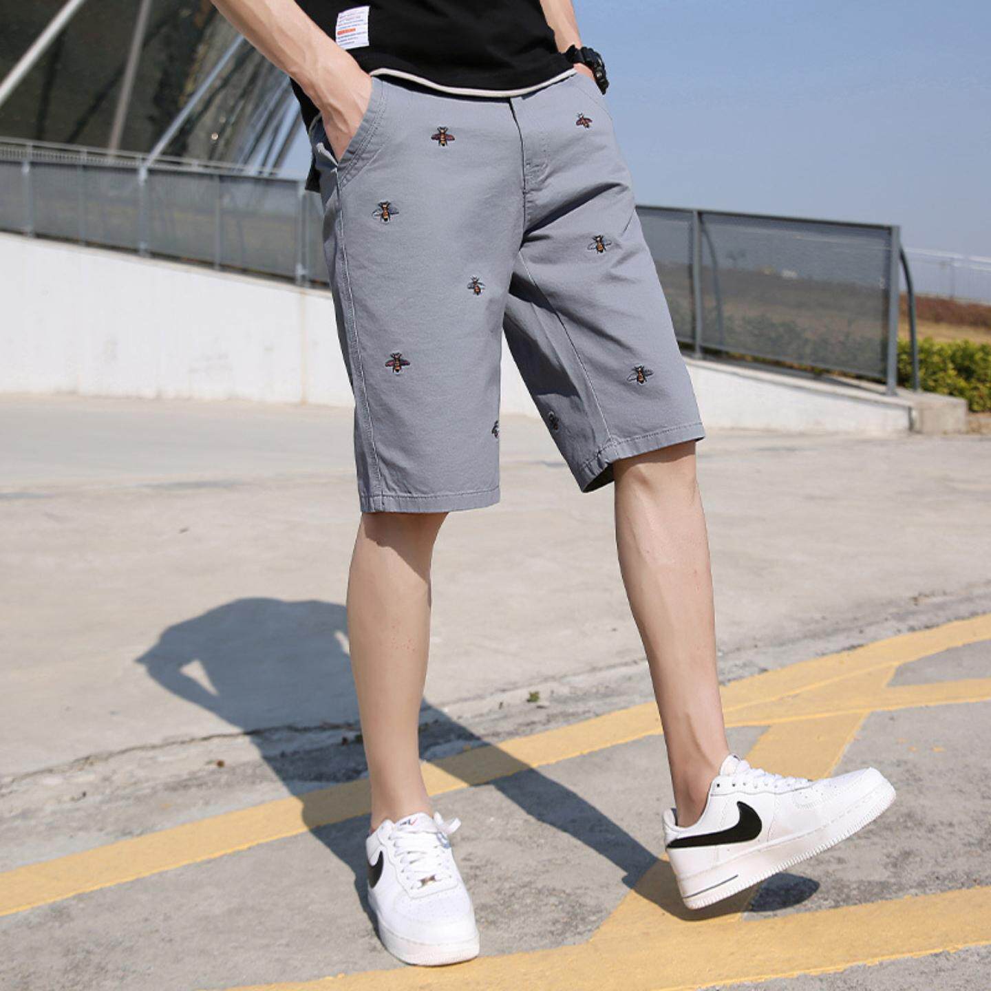 普洛克正品男裤 夏棉潮流外穿五分裤子宽松工装短裤刺绣直筒中裤