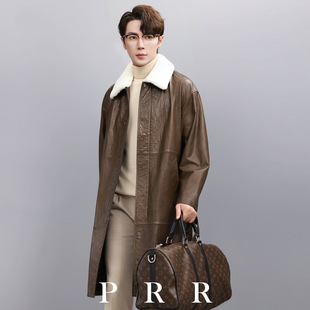 普洛克正品 皮衣男士头层牛皮长款带毛领风衣复古阔版宽松皮外套