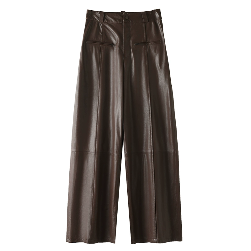 普洛克正品 真皮裤女A级绵羊皮高腰阔腿裤松紧腰九分宽松长裤子S